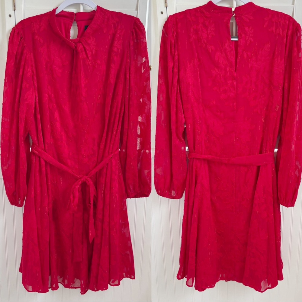 Maia True Red Long Sleeve Floral High Neck Dress Tie Waist Women’s Size 16 NEW